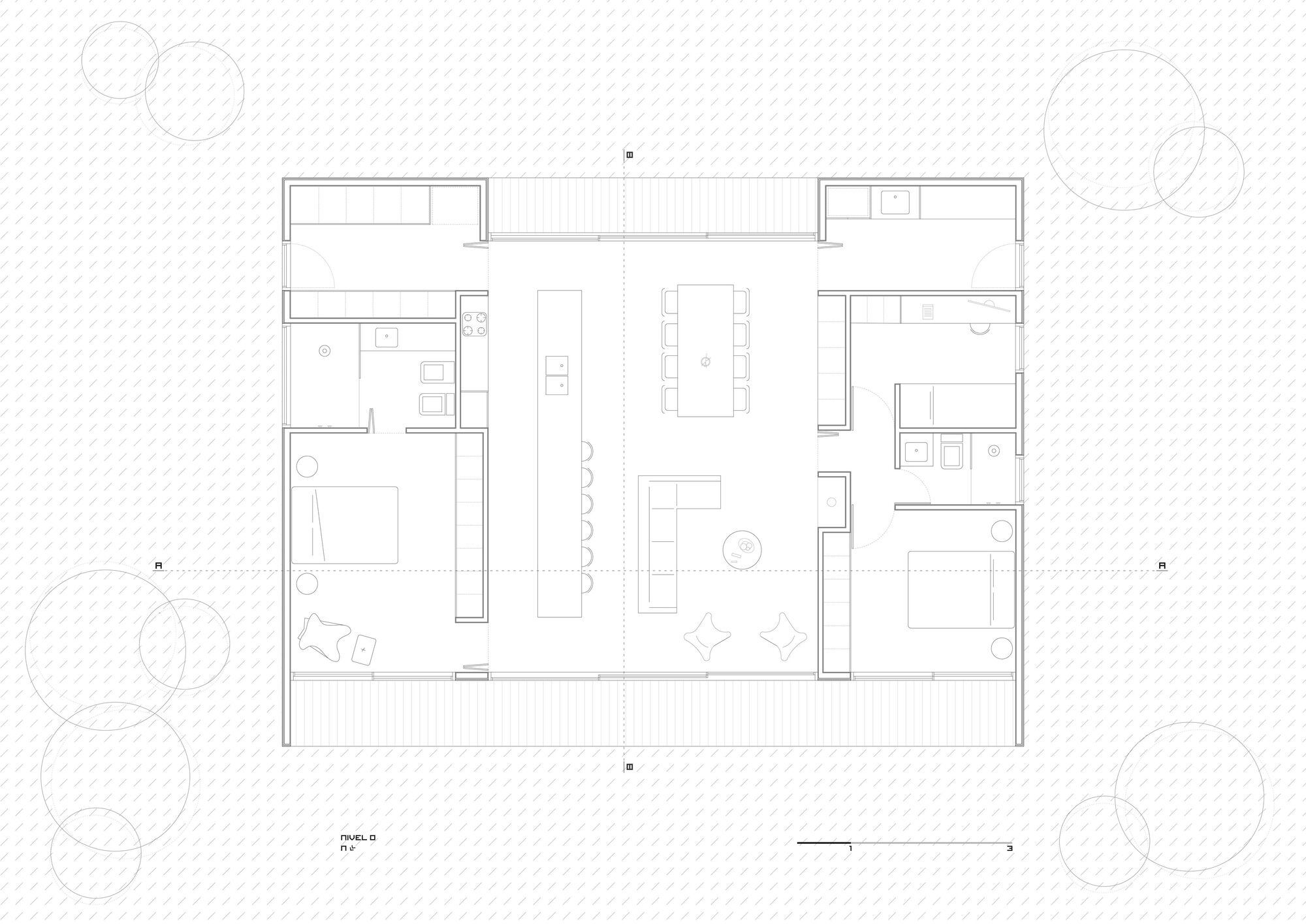 Floor plan drawing showing rectangular layout with central living area and bedrooms at each end