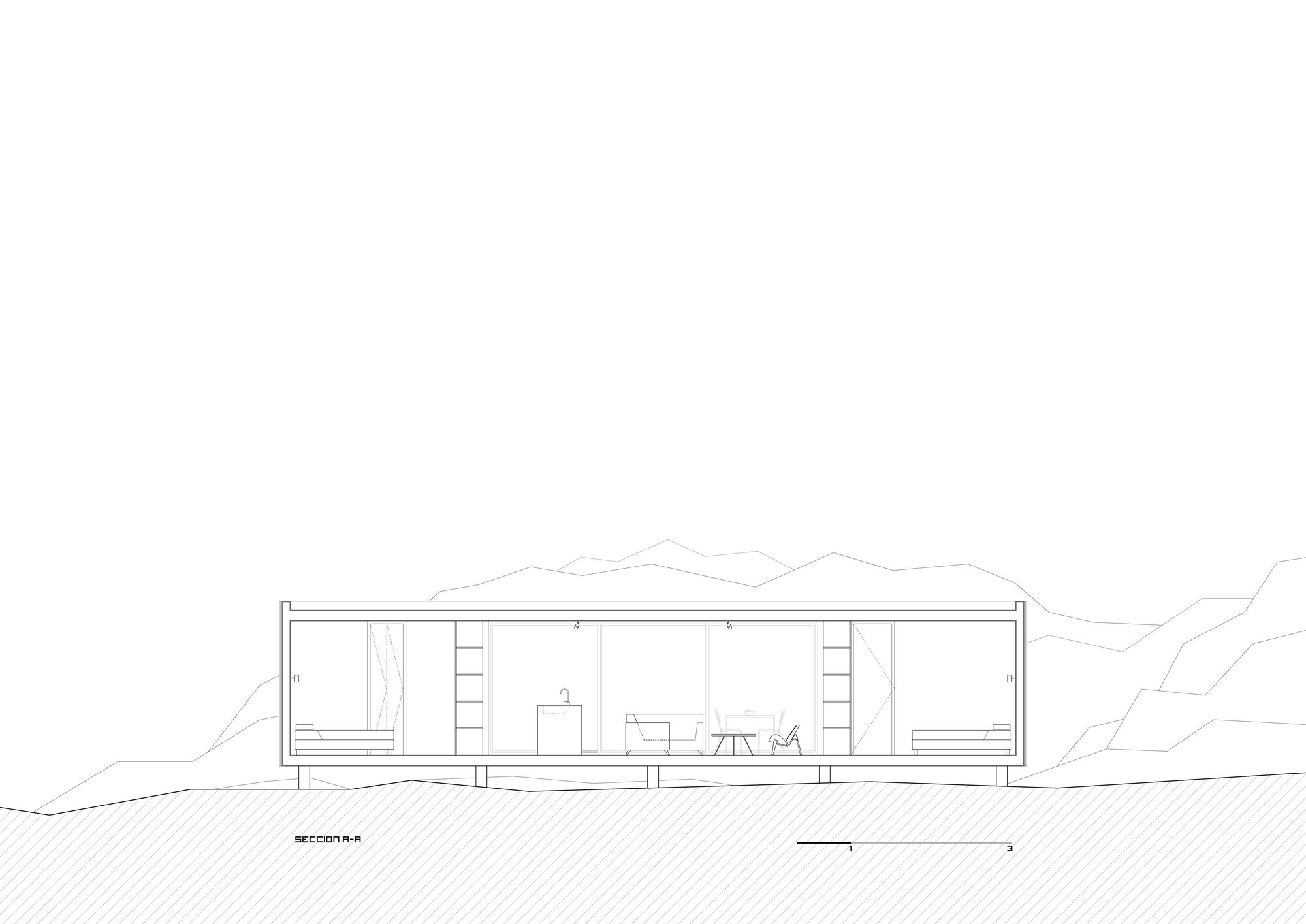 Section drawing showing single-story volume with flat roof embedded in sloping terrain