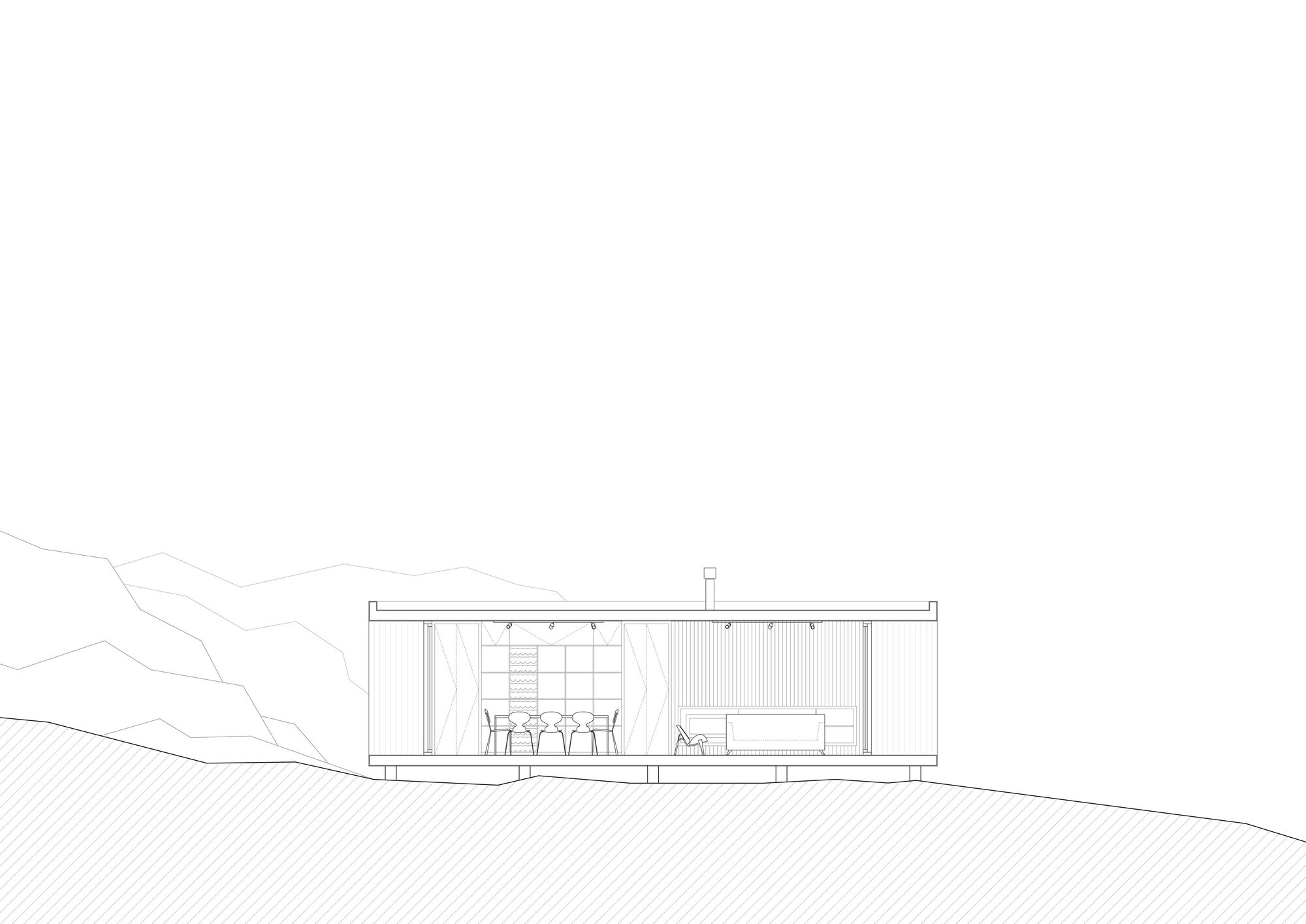 Elevation drawing showing glazed facade with deck and corrugated wall panel against hillside contours