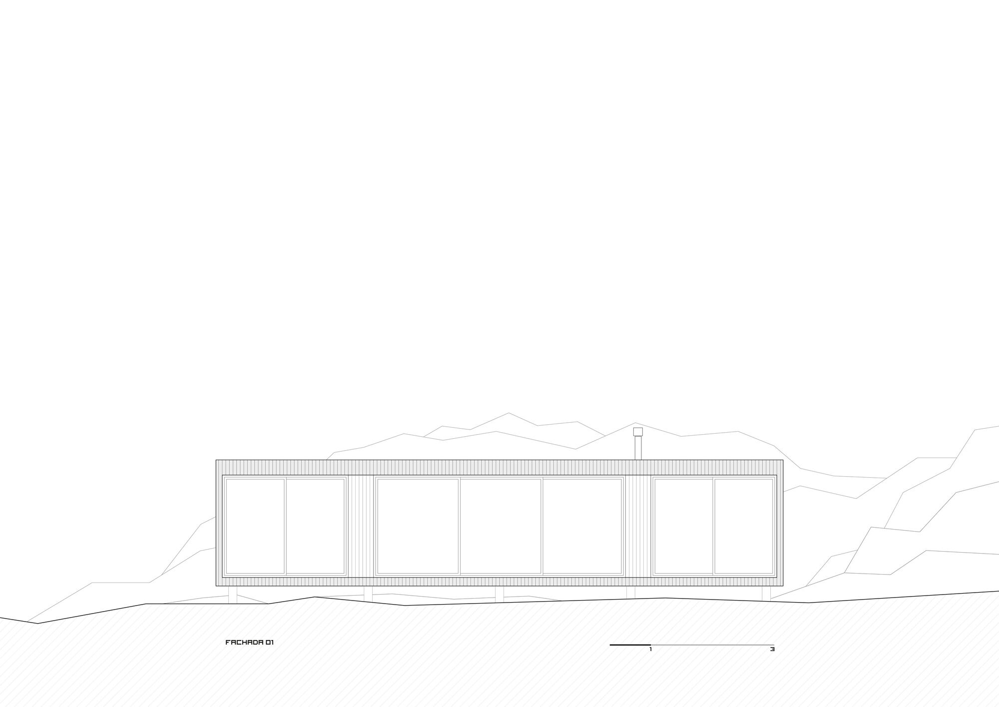 Elevation drawing showing long glazed facade with vertical corrugated cladding and chimney element