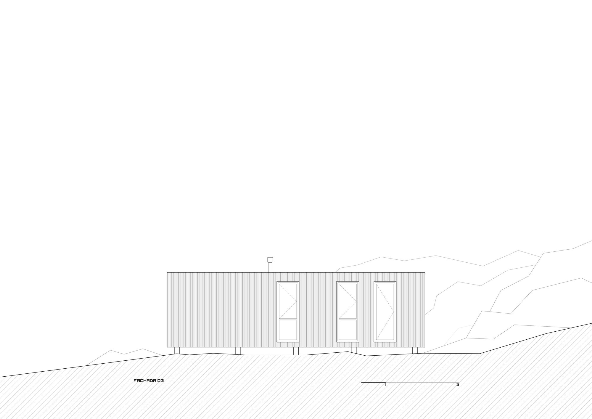 Elevation drawing showing a linear volume with vertical cladding and three glazed openings on sloped terrain