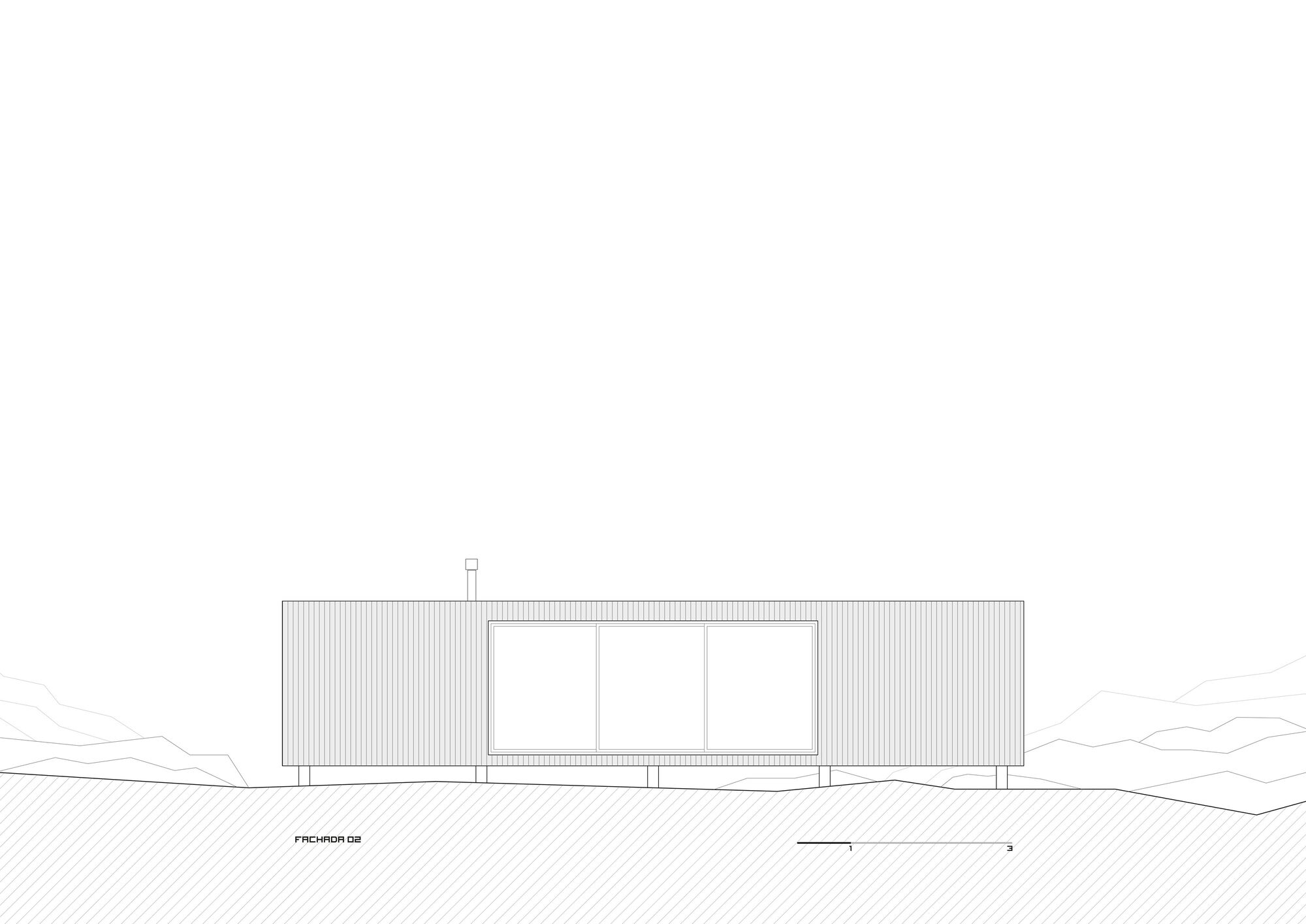 Elevation drawing depicting the ribbed facade with large central glazing and contoured landscape below