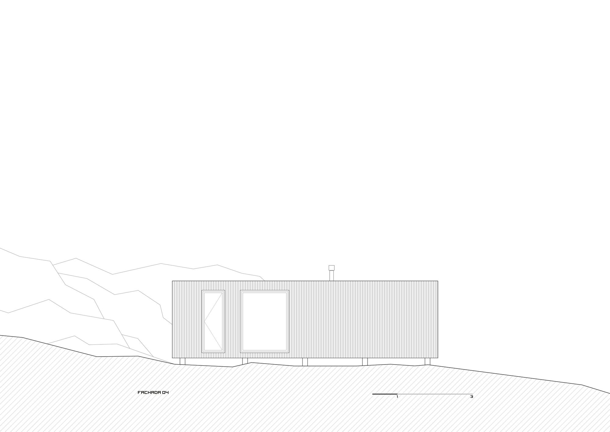 Elevation drawing of the corrugated exterior with offset window openings against rolling topography