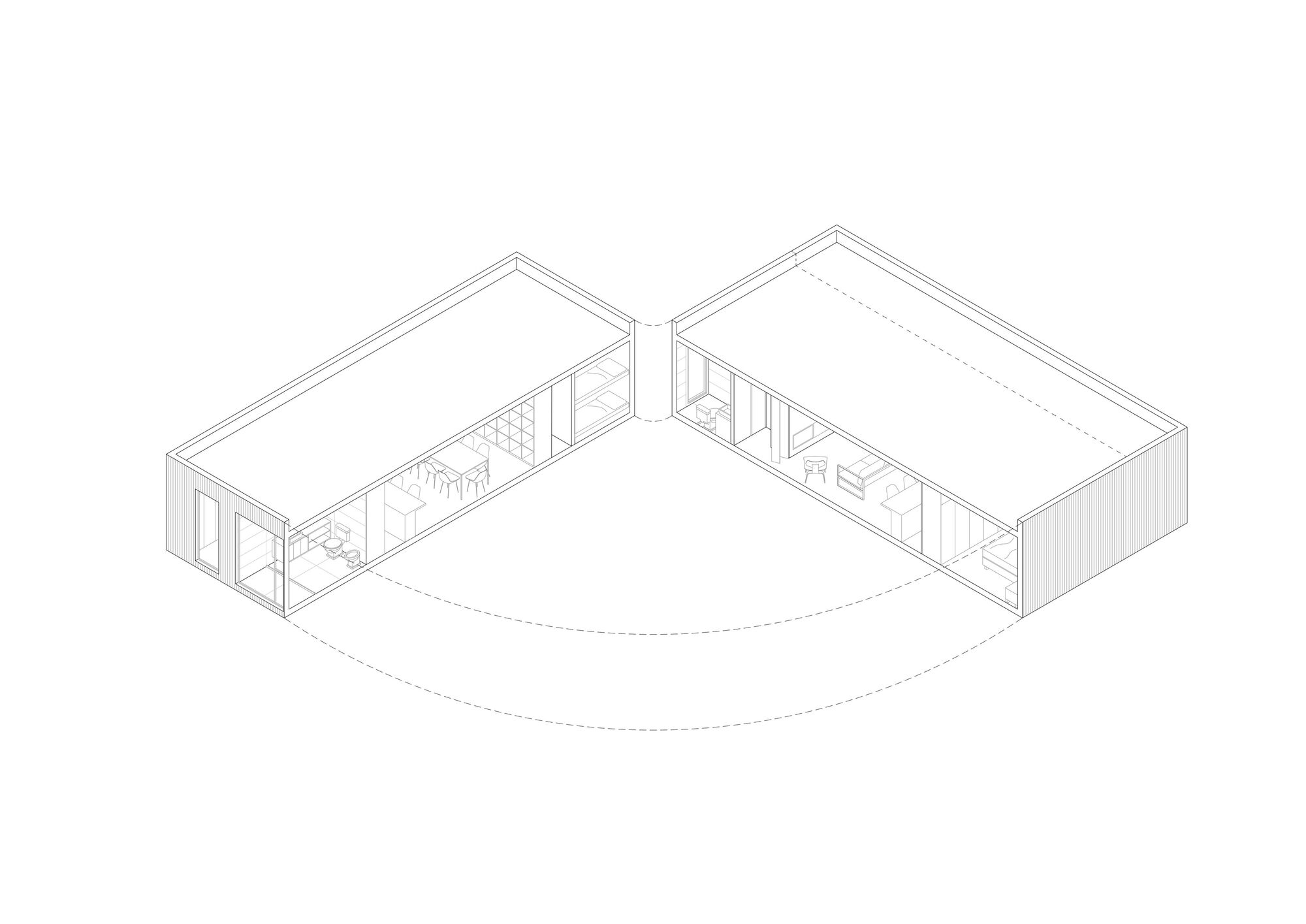 Axonometric drawing revealing two intersecting volumes with interior partitions and pitched roofs