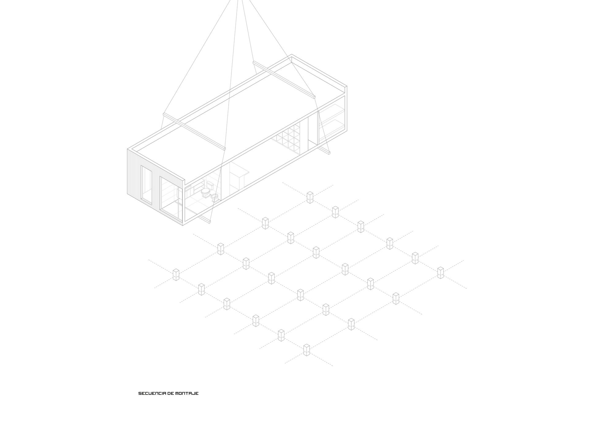 Isometric drawing showing a rectangular volume with suspended cable rigging above a foundation grid