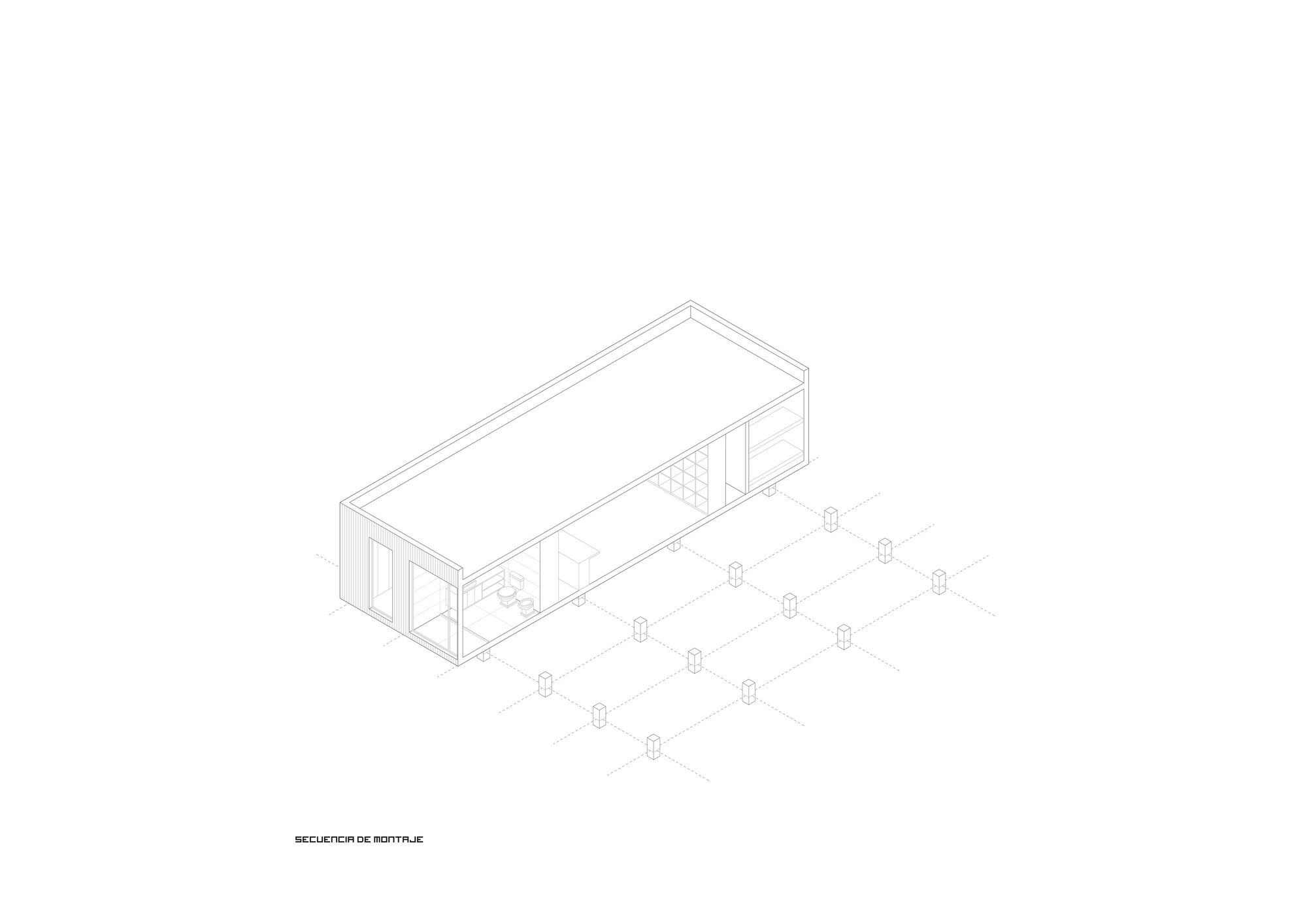 Isometric drawing showing a single-story rectangular volume with glazed openings and foundation points