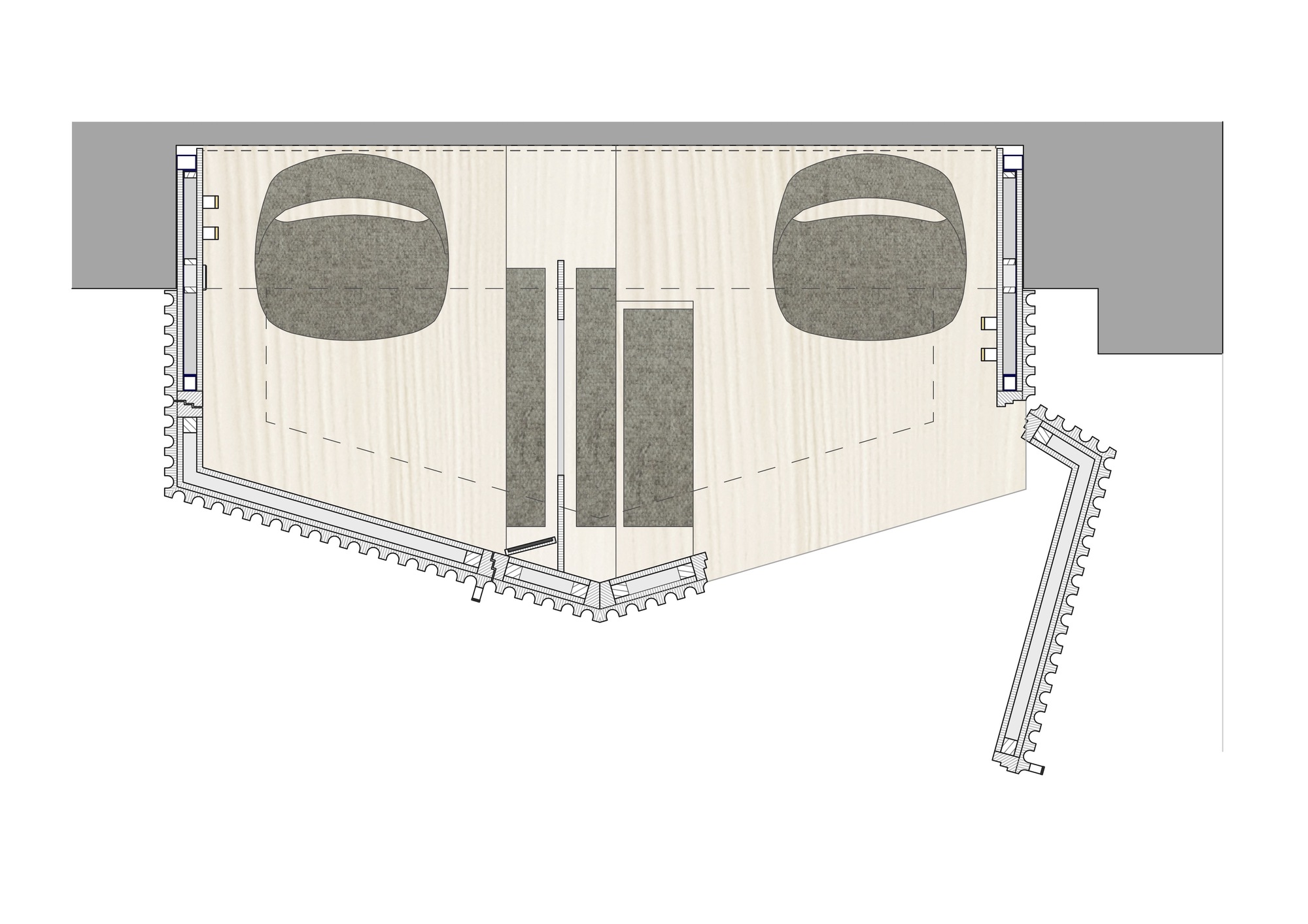 Floor plan drawing with axonometric detail of the confessional booth structure and stepped threshold