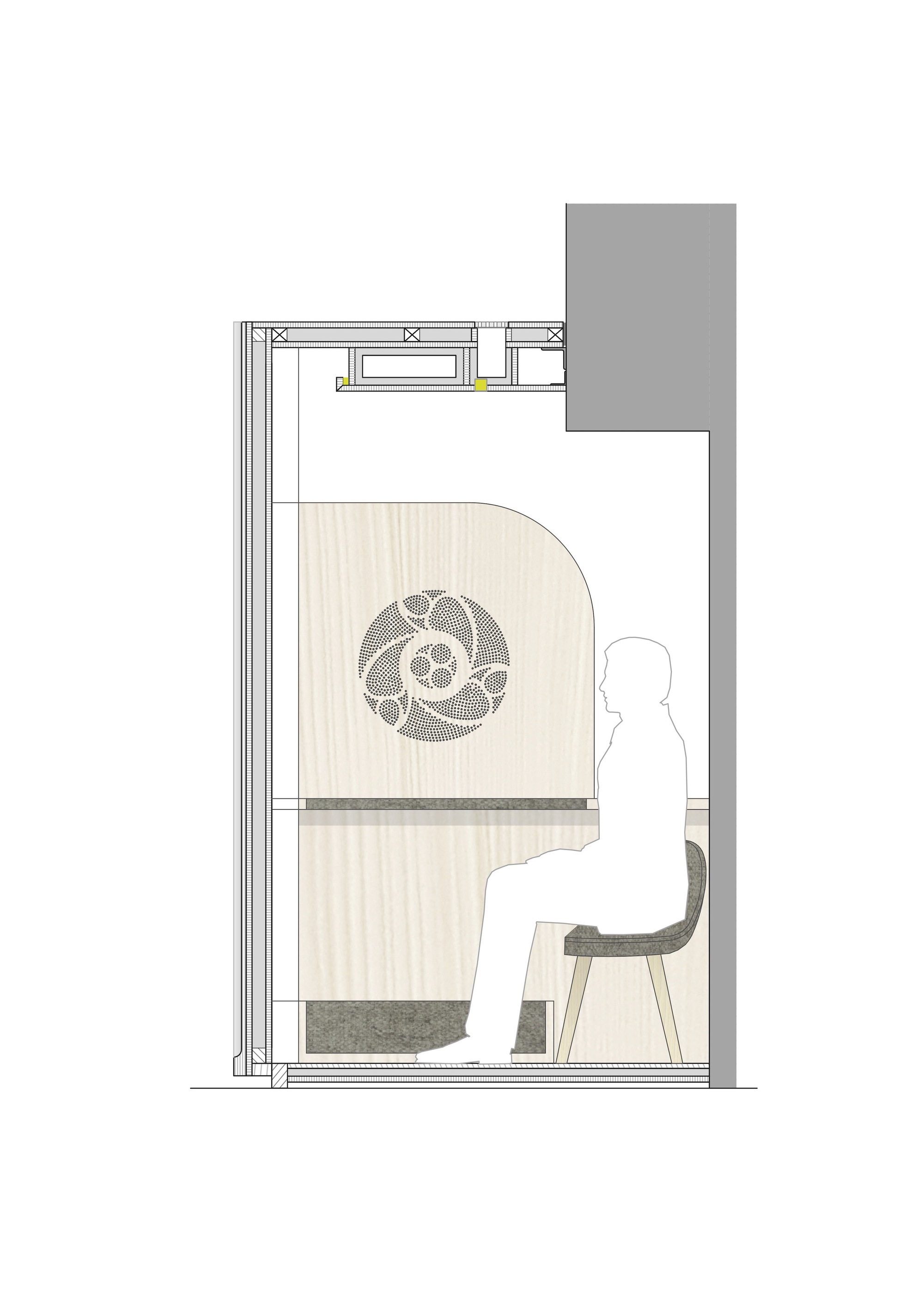 Section drawing showing seated figure inside confessional chamber with decorative motif and overhead lighting detail