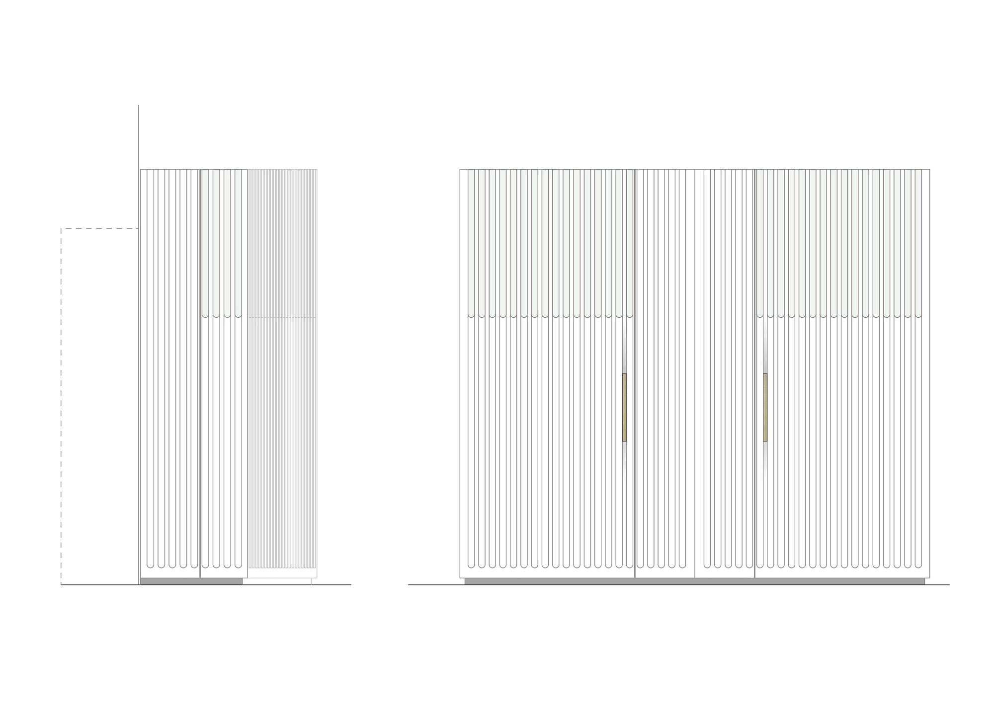 Elevation drawing showing vertical ribbed panels of confessional booth in closed and open configurations