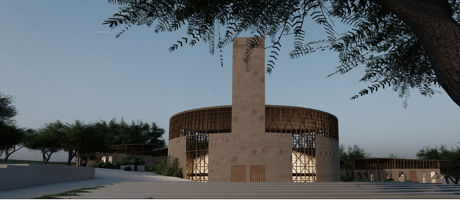 The central chapel rises as a landmark of faith, sustainability, and environmental awareness.
