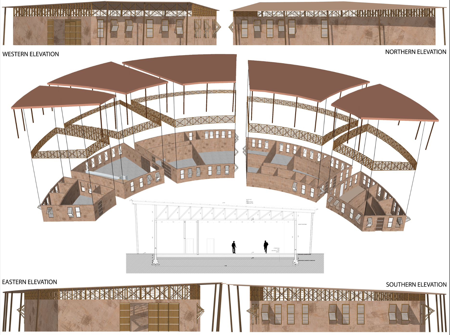 Architectural elevations and exploded axonometric diagrams reveal the structure's circular design strategy.