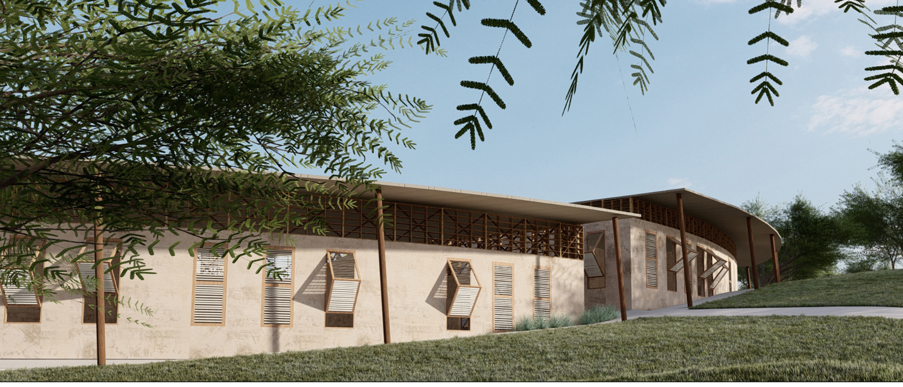 Semi-circular community buildings integrate seamlessly with Ethiopia's natural landscape and terrain.