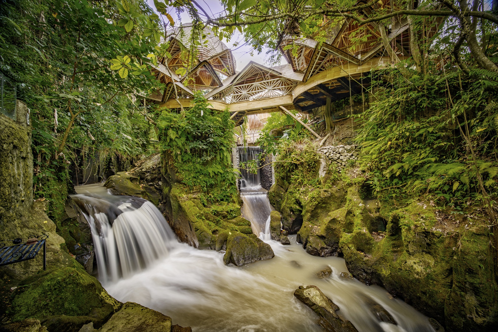 Cascading stream flowing beneath a timber bridge structure surrounded by moss-covered rocks and dense vegetation