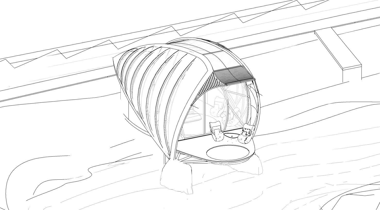 Axonometric drawing showing a ribbed pod-like structure with an interior seating area and circular base