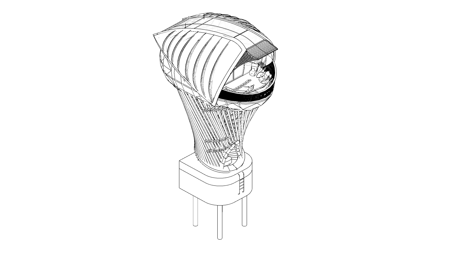 Isometric view of an elevated pod with ribbed canopy and latticed base structure