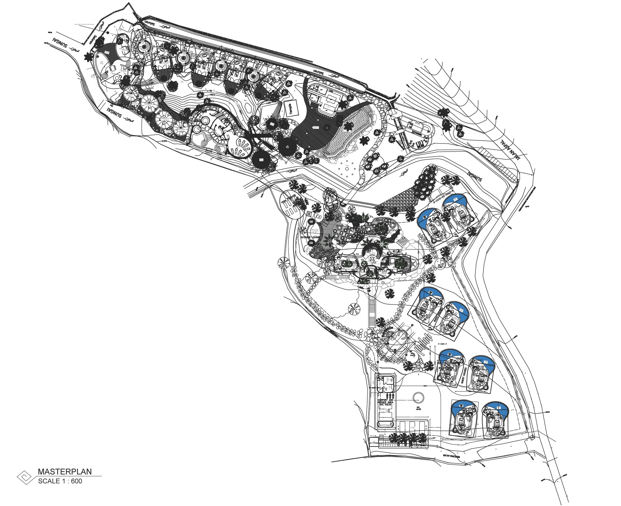 Site plan drawing showing landscape with pathways and blue-highlighted pod structures distributed across terrain
