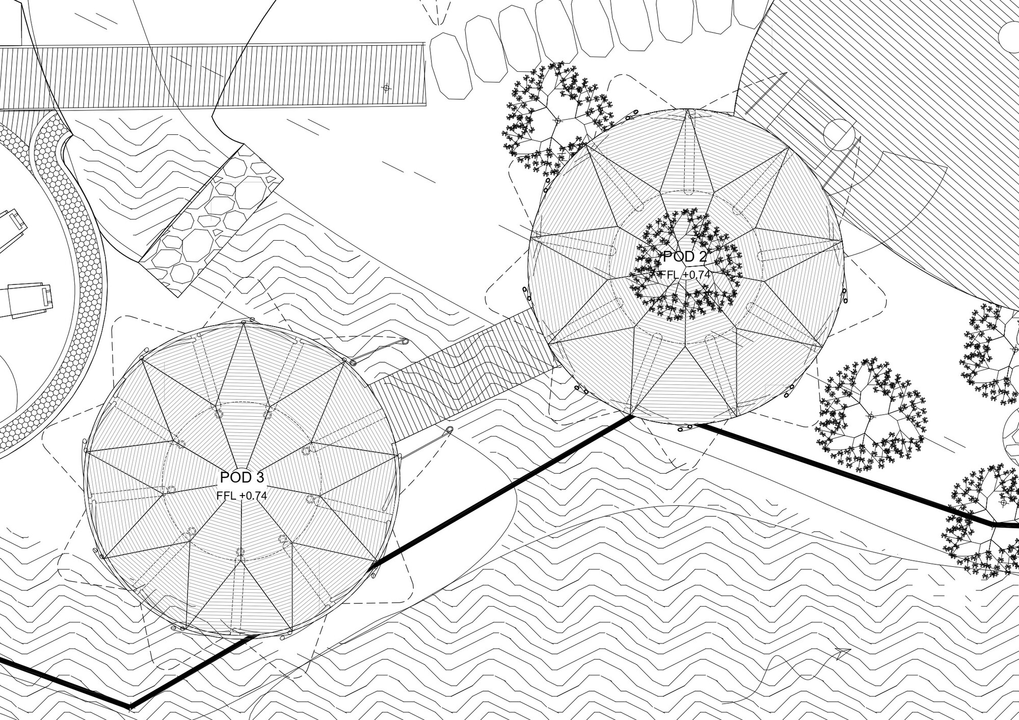 Plan view showing multiple dome structures with triangulated patterns and topographic lines indicating sloped terrain