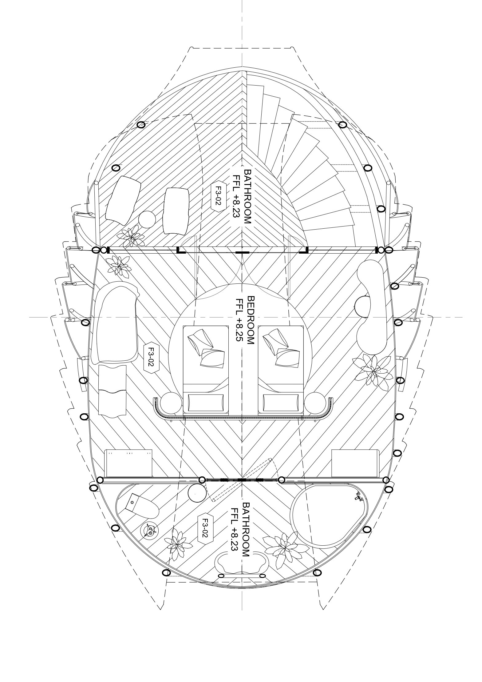 Floor plan drawing of an oval pod with central bedroom, bathroom, and entry deck