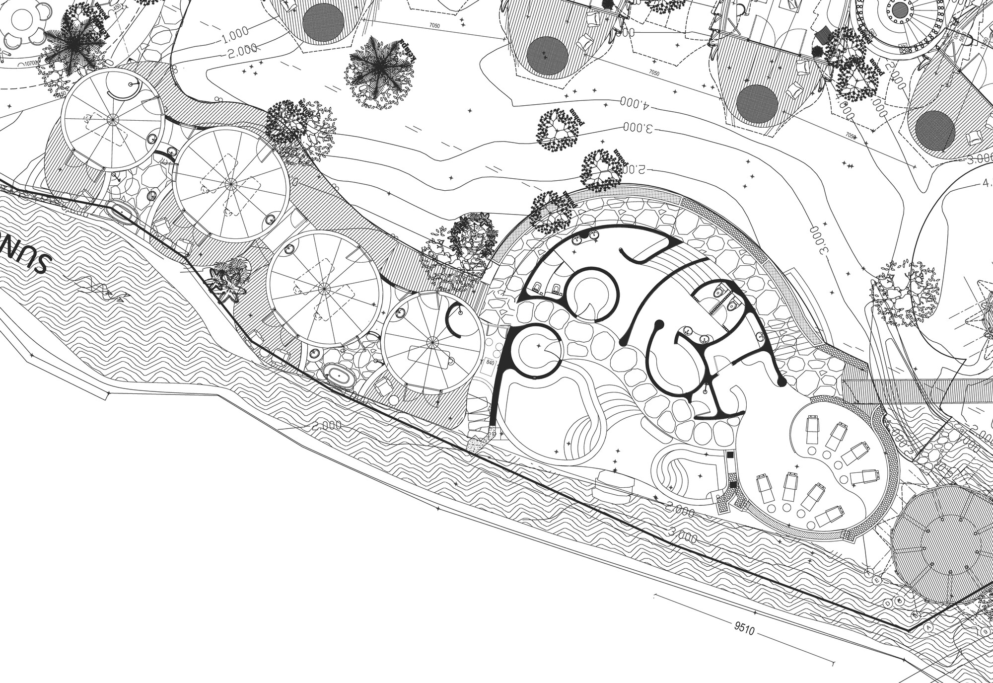 Site plan drawing showing curved volumes surrounded by circular tree clusters and topographic contour lines