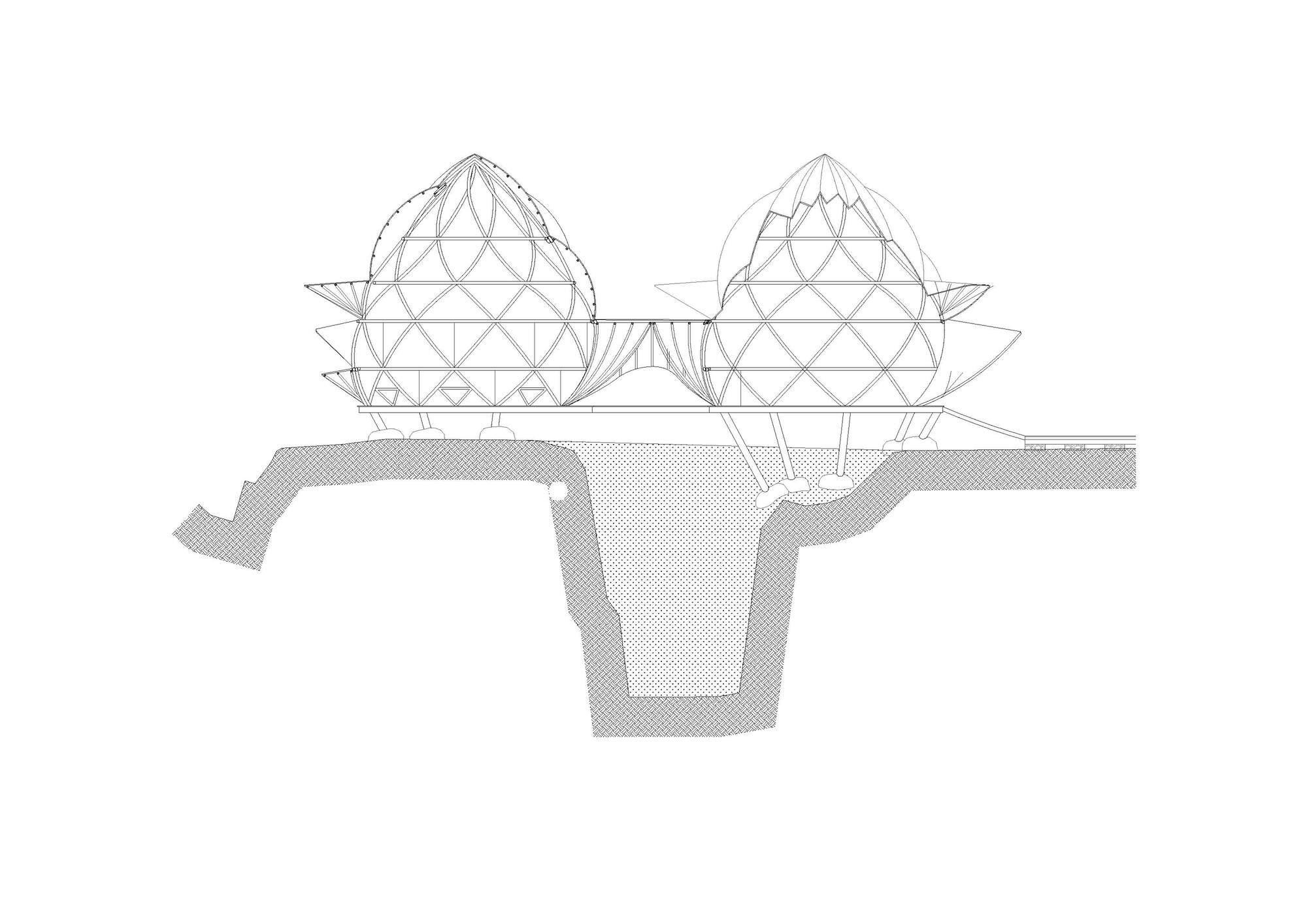 Section drawing showing two domed structures with triangulated frameworks above an excavated ground plane