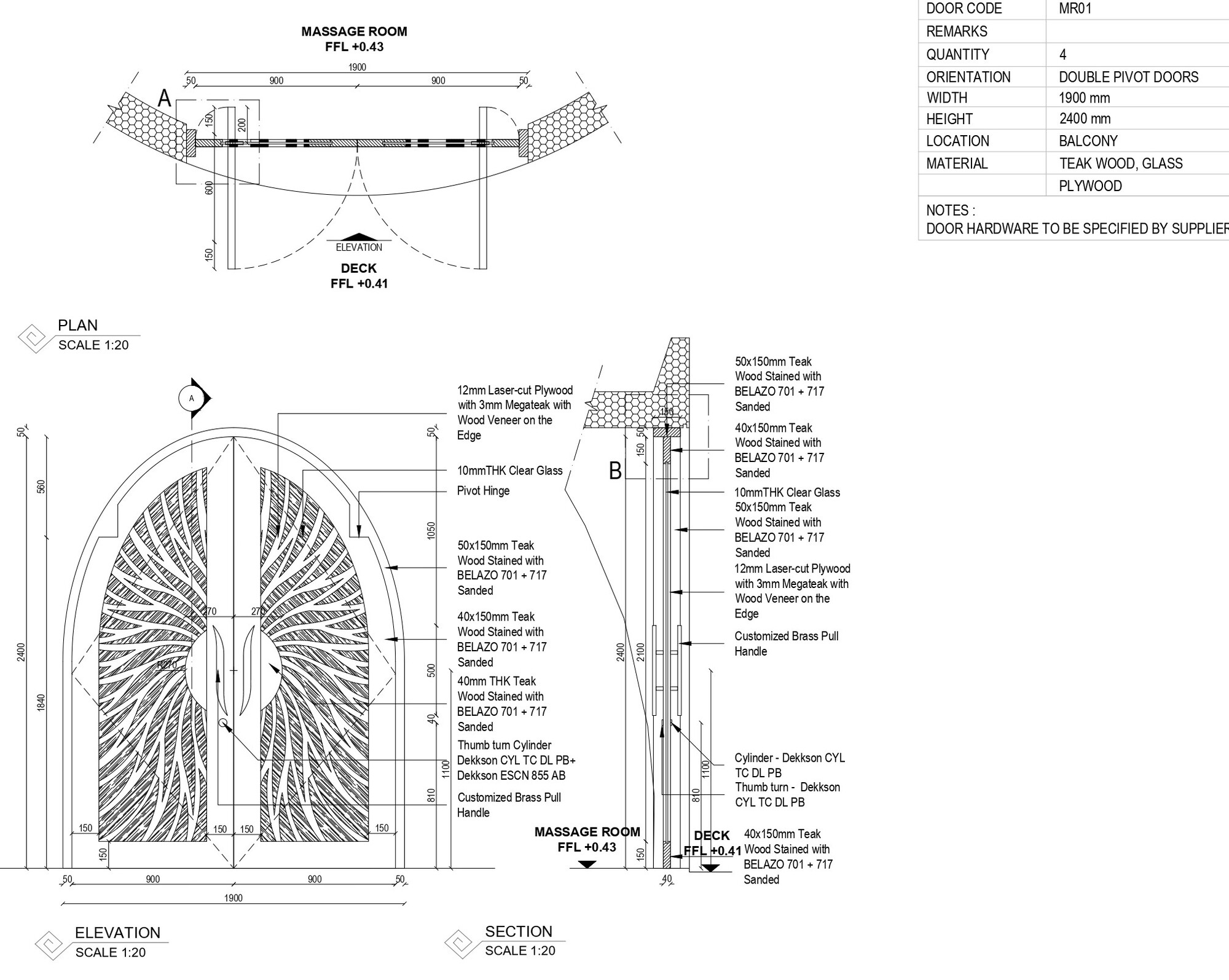 Plan, elevation and section drawings of arched double doors with hexagonal tile pattern and brass hardware