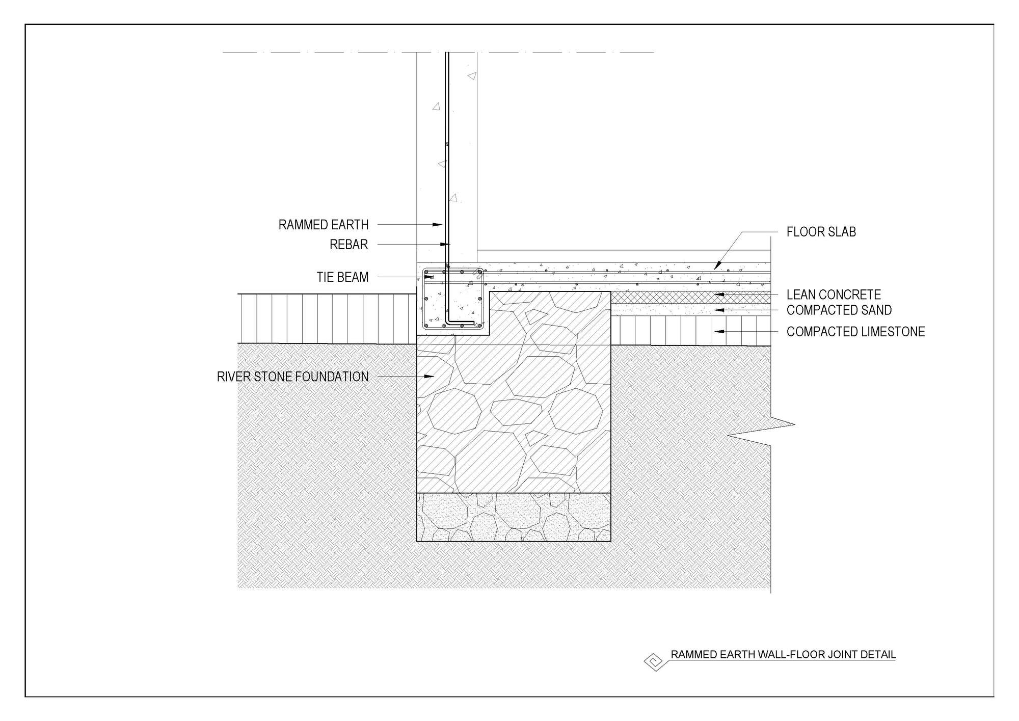 Section detail drawing showing rammed earth wall meeting floor slab on river stone foundation
