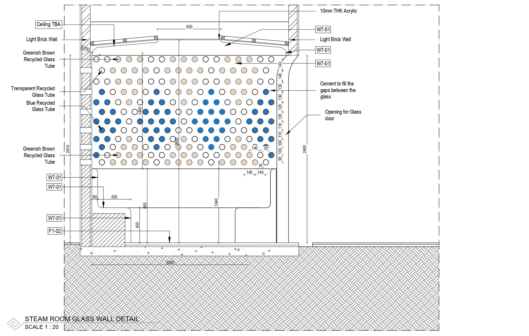 Section detail drawing of recycled glass tube wall with blue and transparent tubes set in acrylic