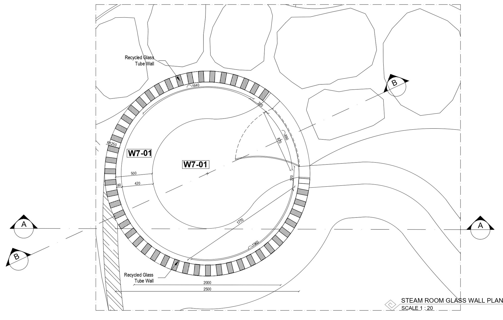 Plan drawing of a circular glass wall with recycled glass tube infill surrounding a central wetland zone