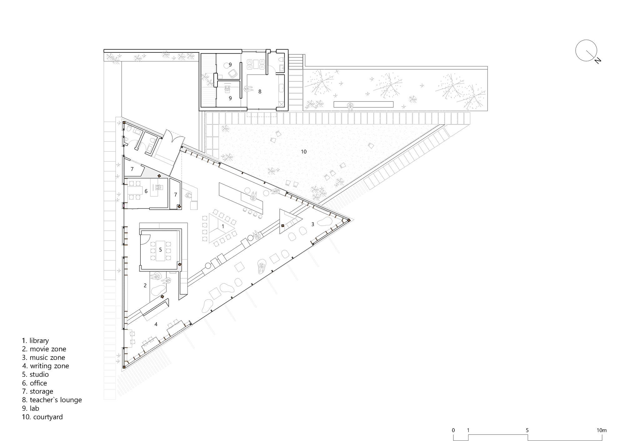 Floor plan drawing of a triangular layout with a central courtyard and surrounding program zones