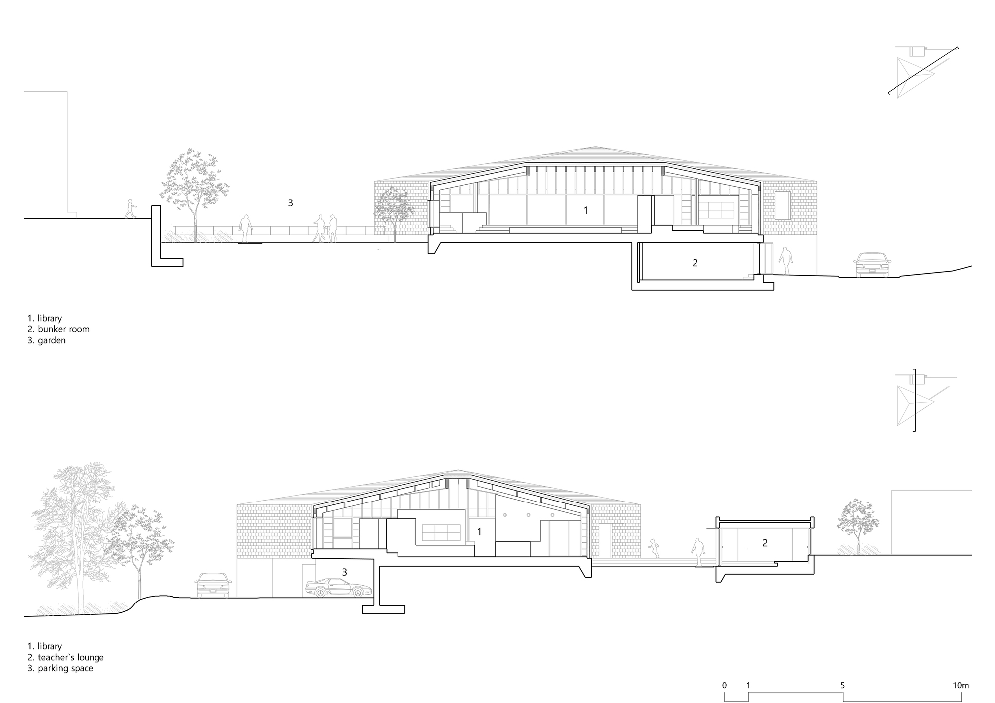 Section drawings through the vaulted volume showing interior spaces and embedded bunker room