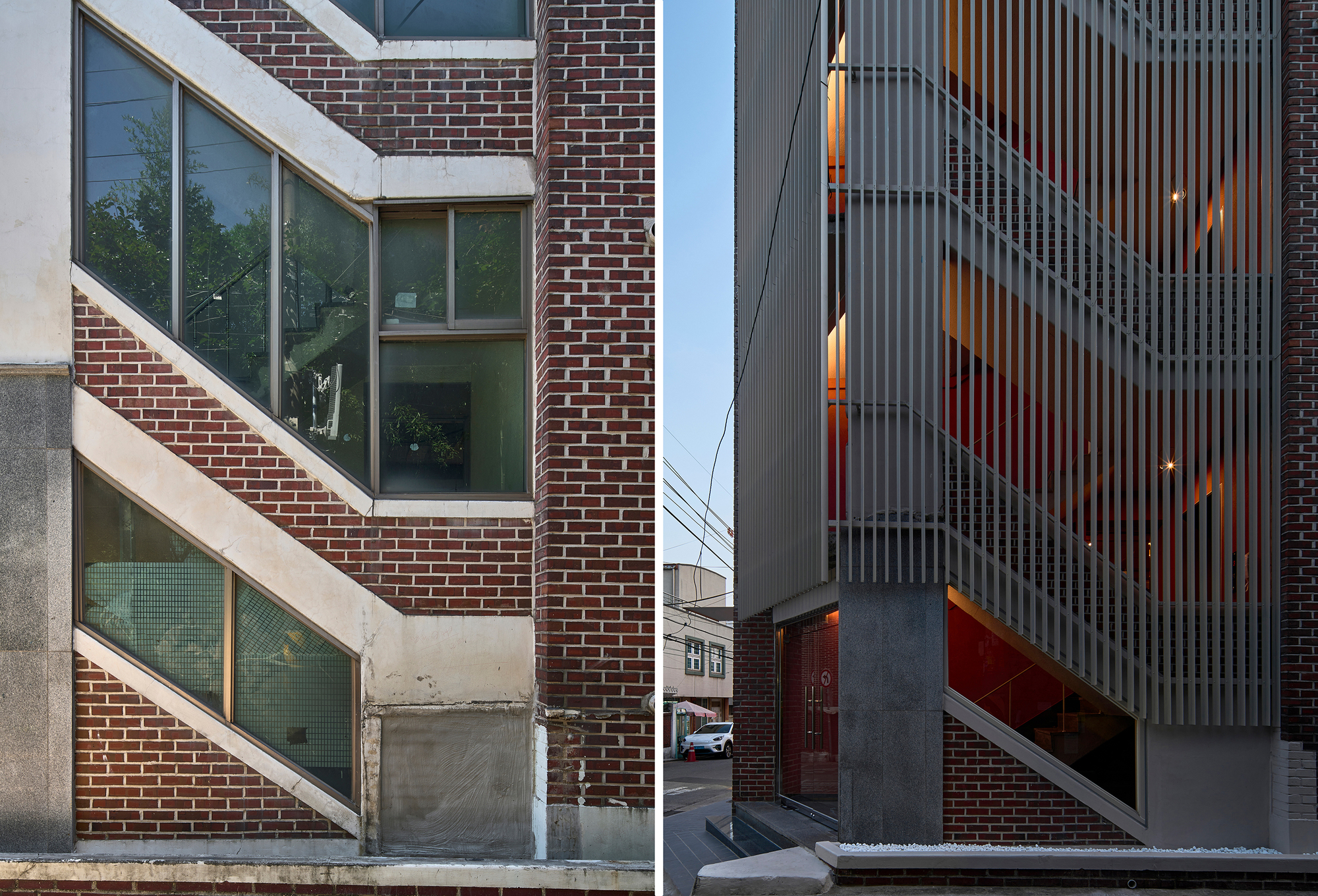 Street view comparing the original brick facade with the renovated addition clad in vertical metal fins