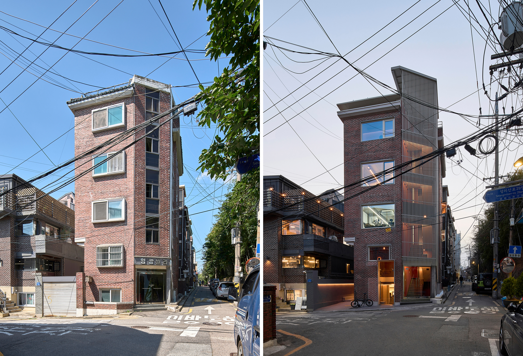 Before and after street corner views showing the building under daylight and illuminated at dusk