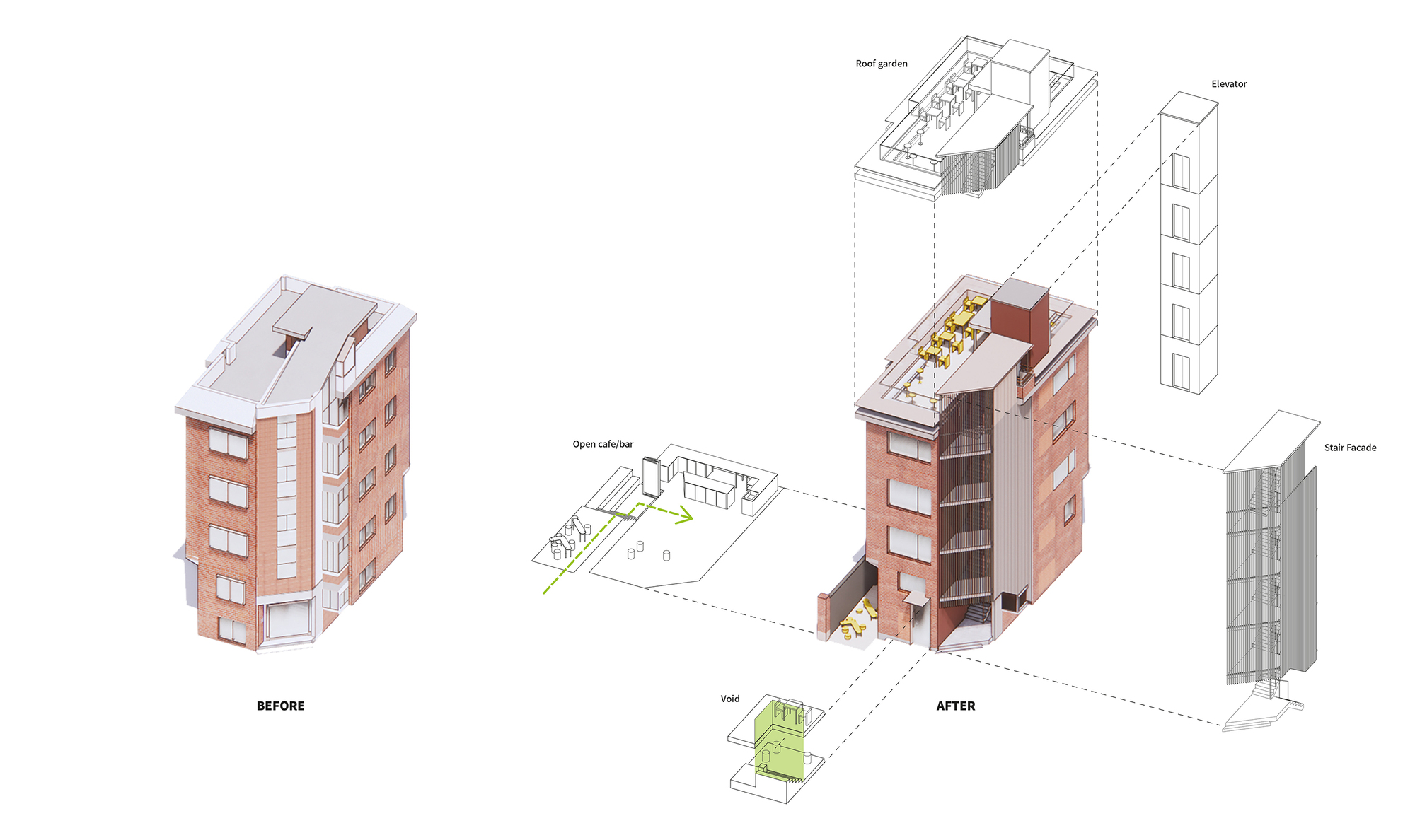 Axonometric drawing showing the building before and after renovation with added vertical circulation tower