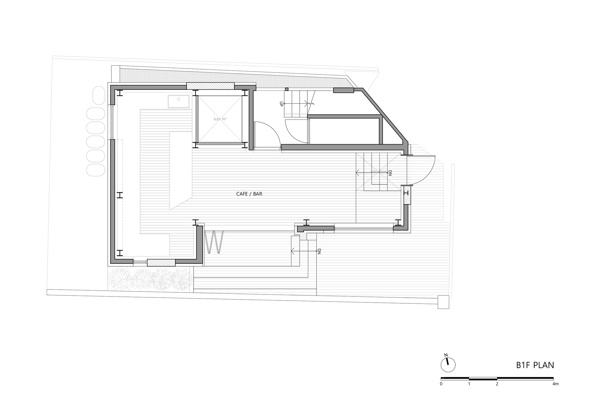 Floor plan drawing of the ground level cafe and bar with curved corner facade