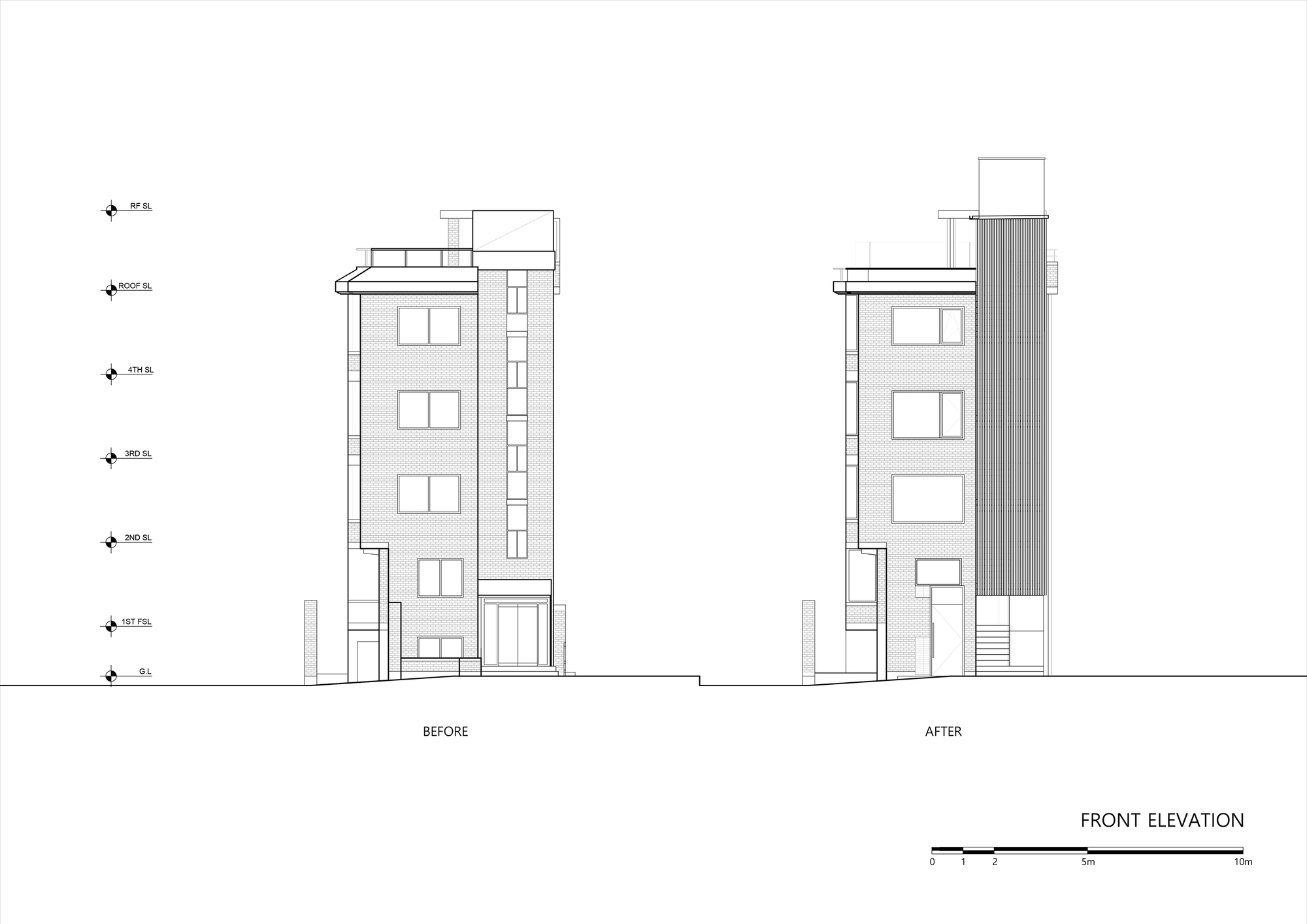 Front elevation drawing comparing before and after states of the five-storey building