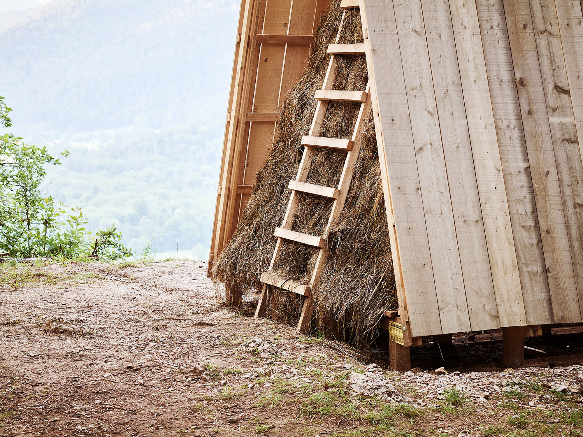 Detail of the timber ladder leaning against straw-filled wall panels at the structure's edge