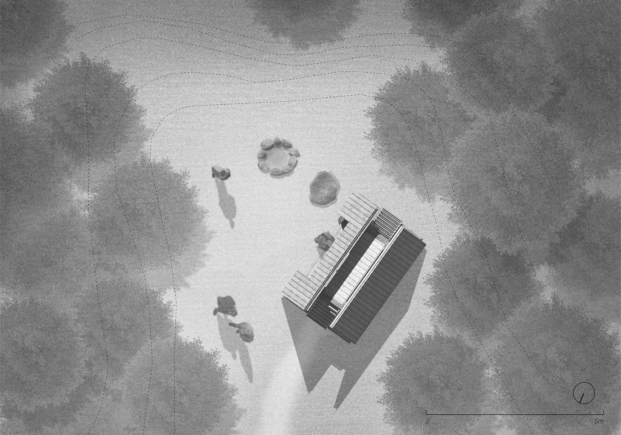 Site plan drawing showing the pavilion footprint with deck and surrounding trees in a clearing