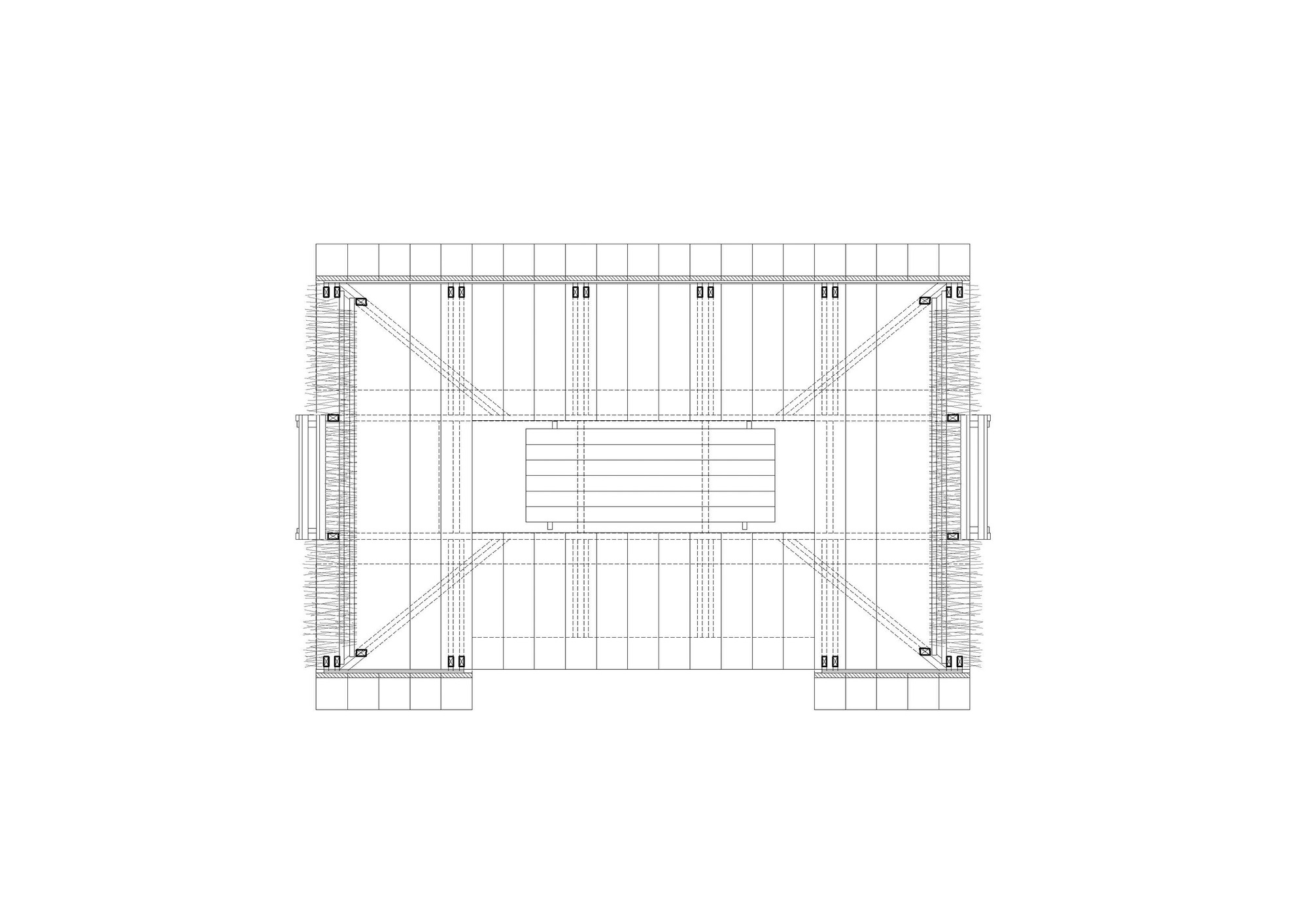 Floor plan drawing showing the rectangular deck with central stair and timber structural grid