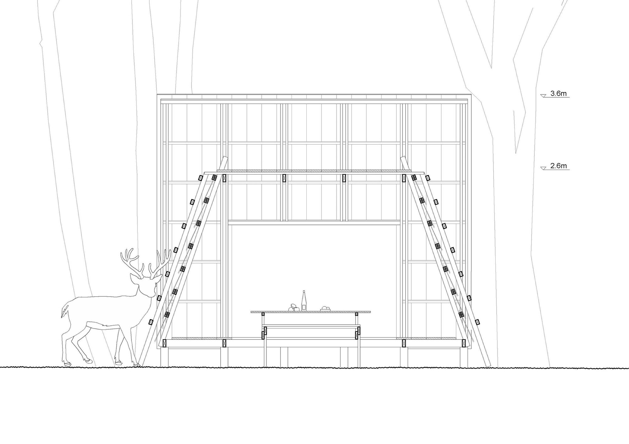Elevation drawing showing the A-frame structure with platform, ladder, and deer at ground level