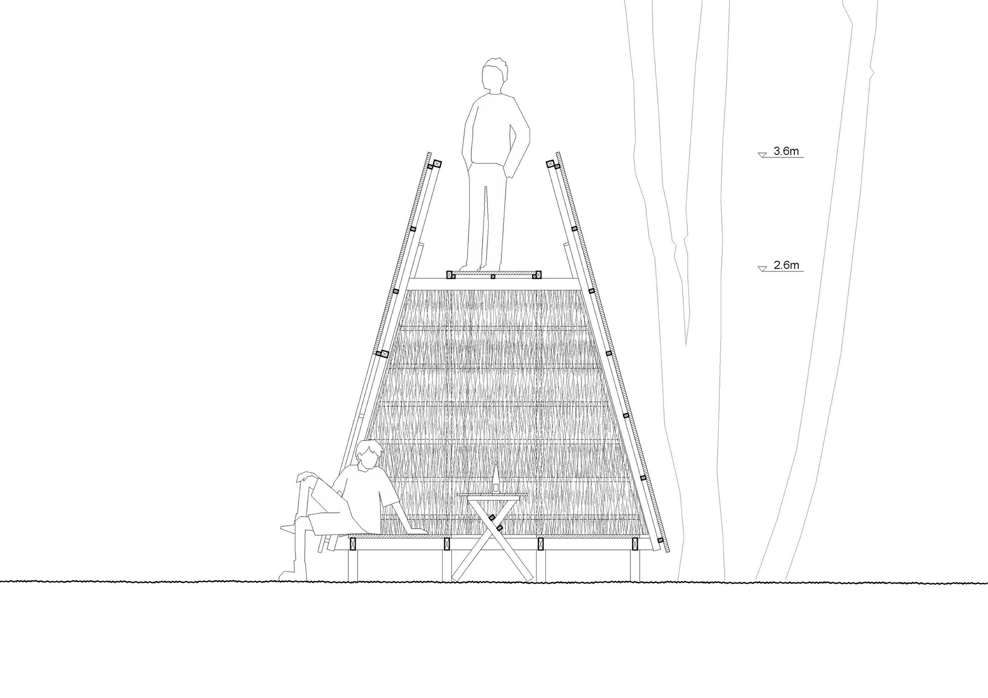 Section drawing showing a triangular timber structure with two figures and dimensional annotations