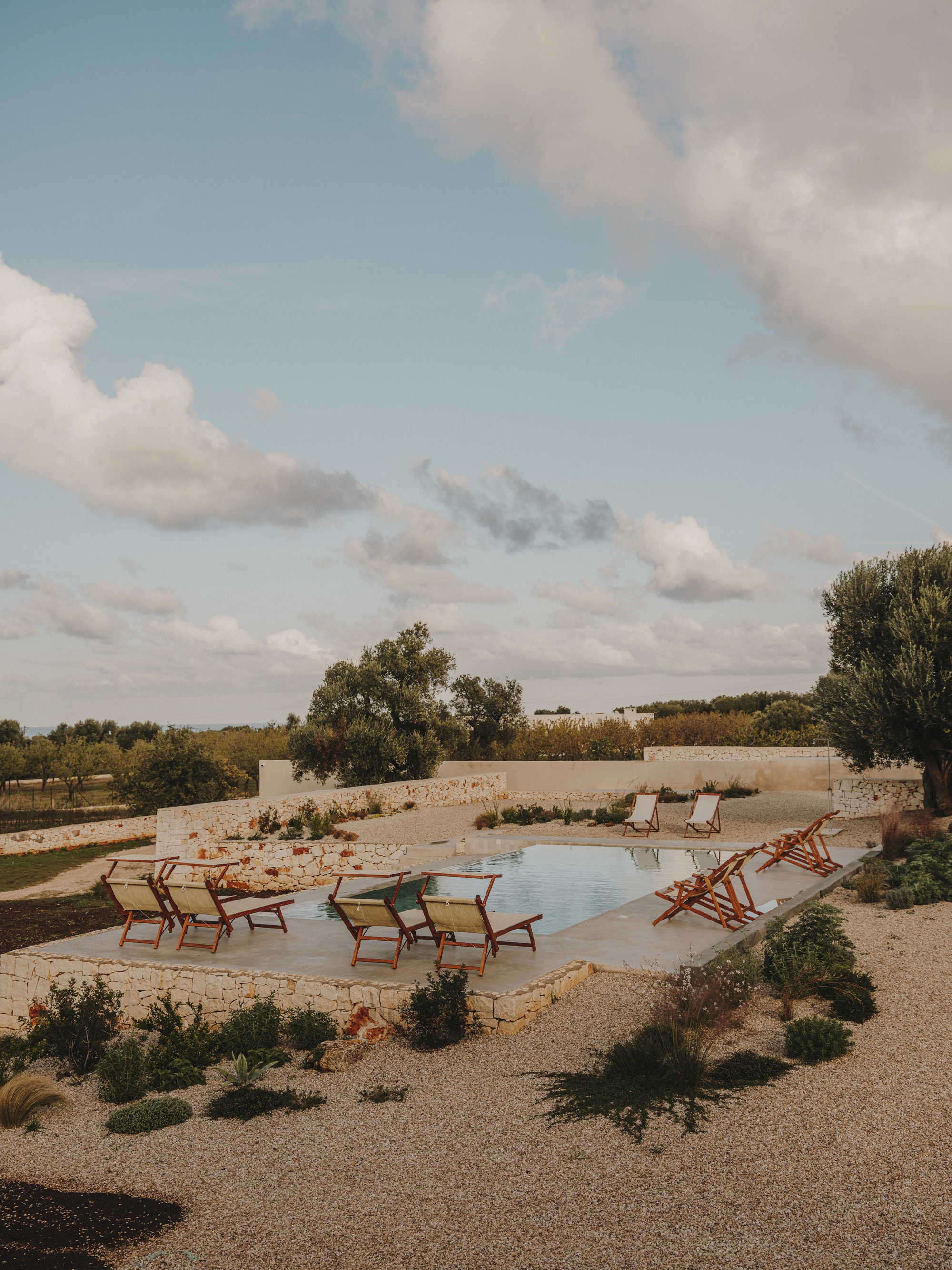 Swimming pool surrounded by canvas lounge chairs and native plantings under afternoon clouds