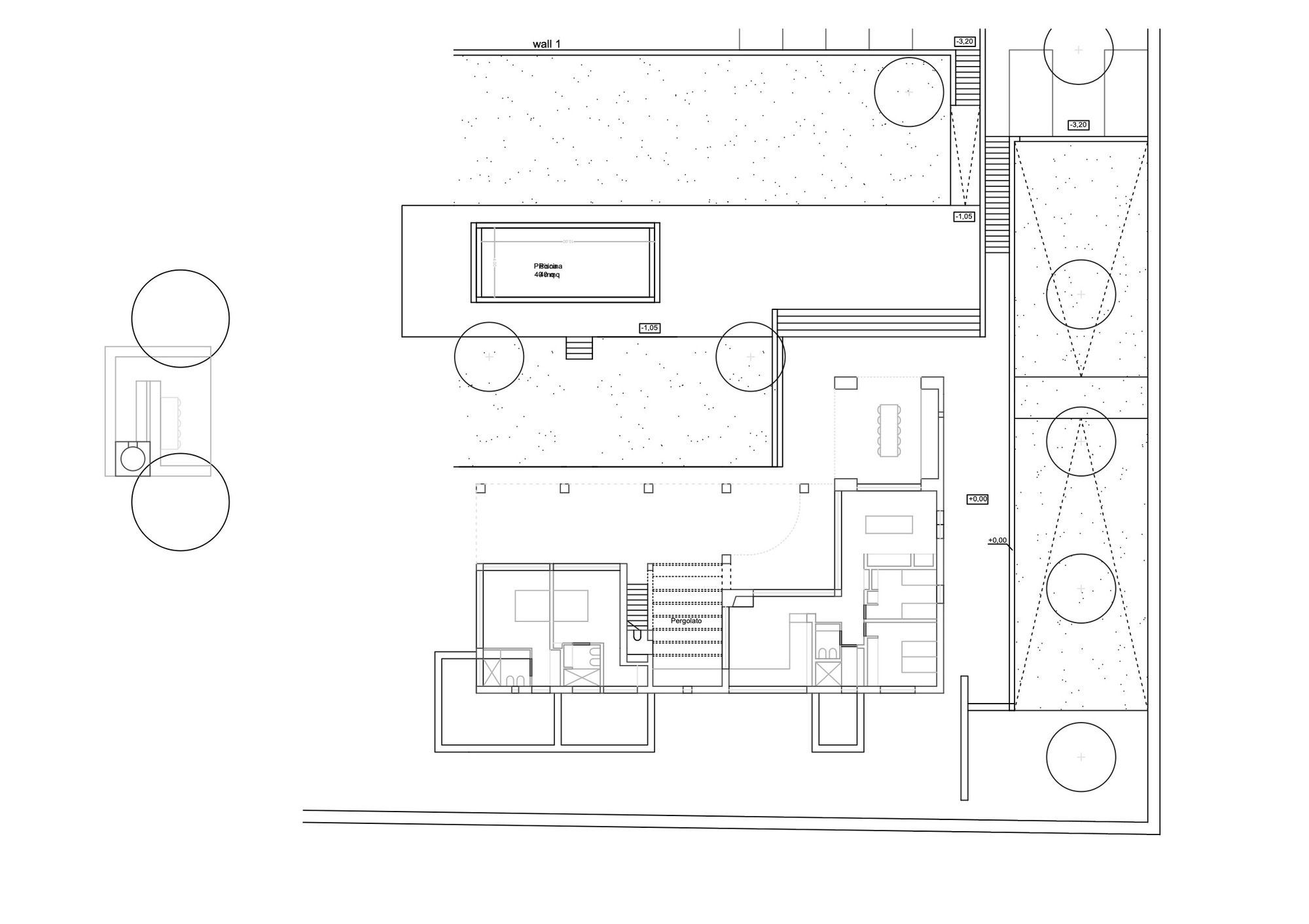 Site plan drawing showing rectangular volumes arranged around a pool with circular tree indicators