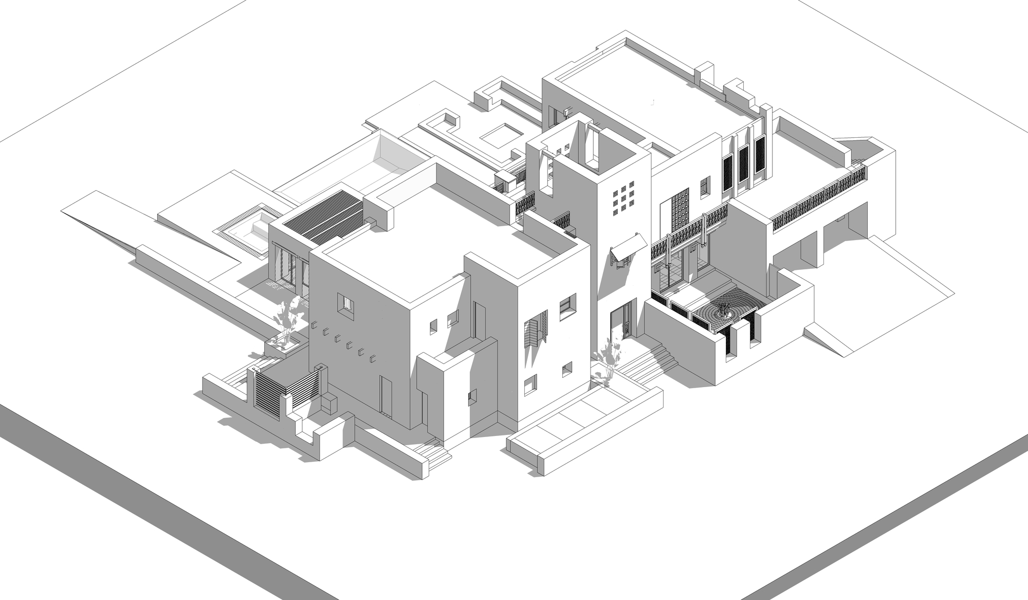 Axonometric drawing highlighting the massing of interconnected volumes with varying heights