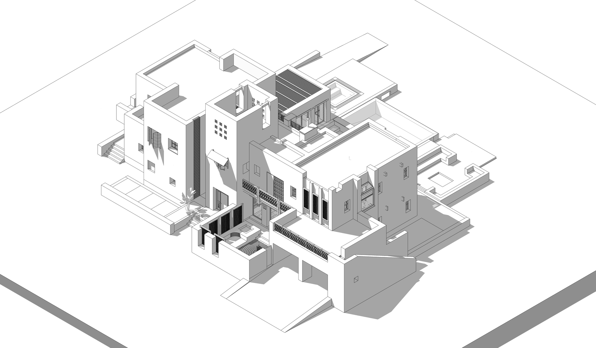 Axonometric drawing exposing the central courtyard and surrounding room arrangements