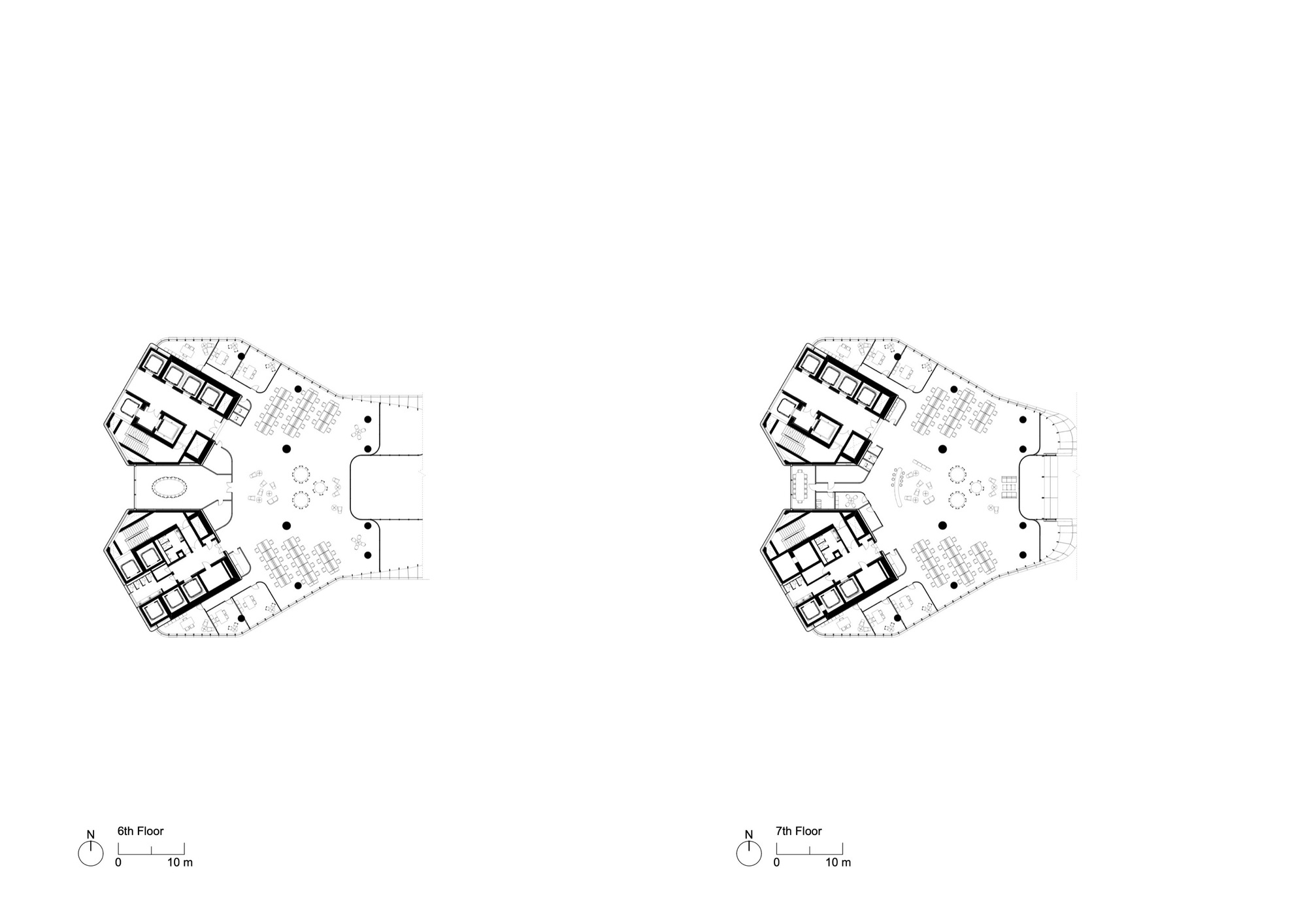 Side-by-side floor plan drawings comparing the sixth and seventh floor layouts with similar tripartite organization