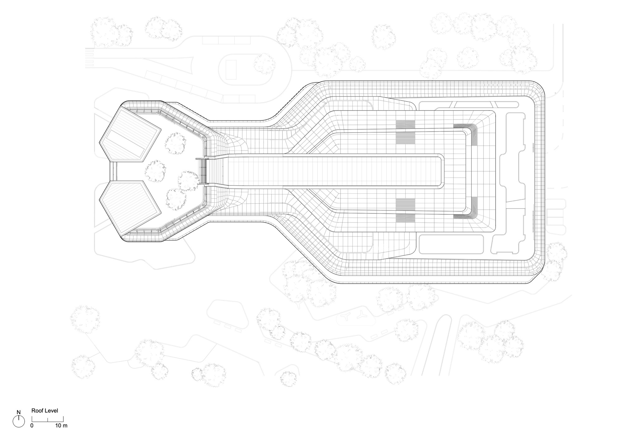 Roof level plan drawing showing the curved geometry with gridded surfaces and surrounding trees