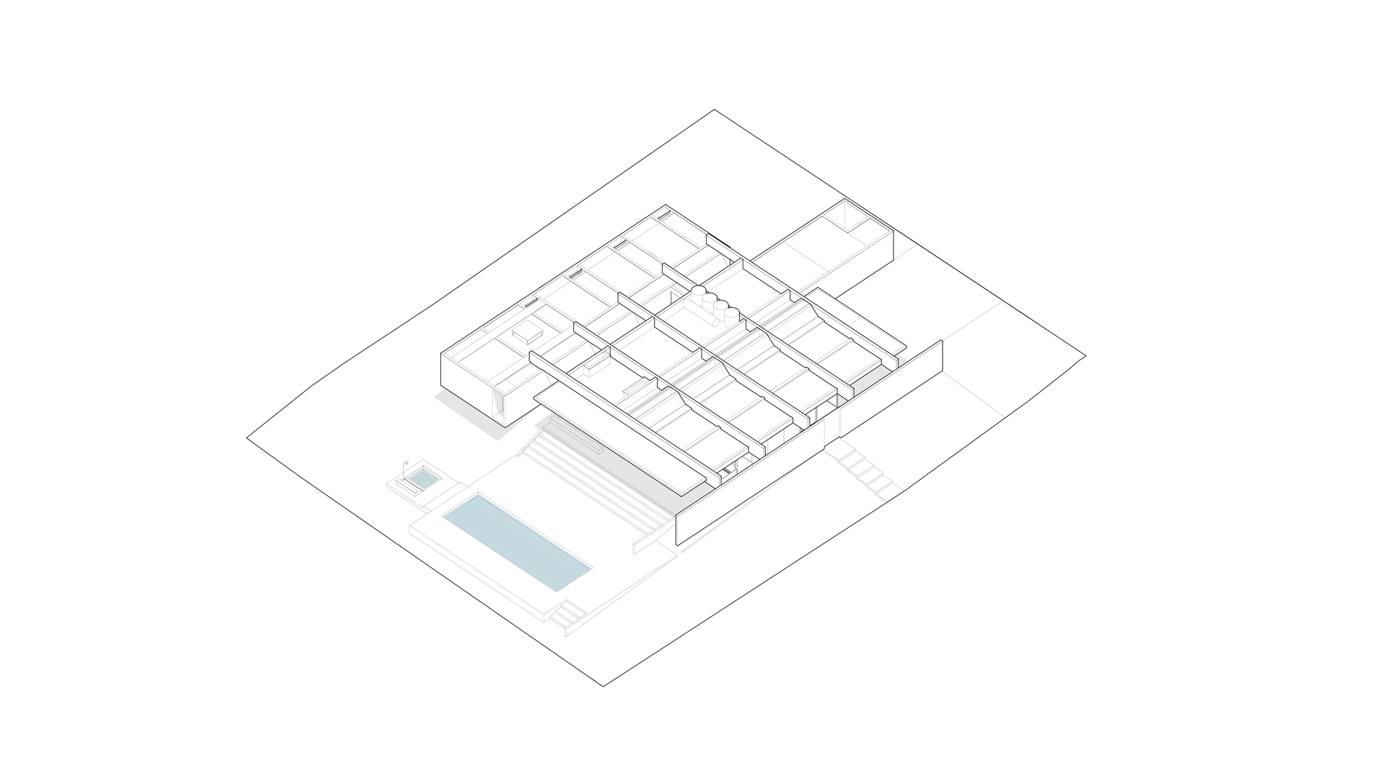 Axonometric drawing showing the roof structure, interior layout, and pool on the site