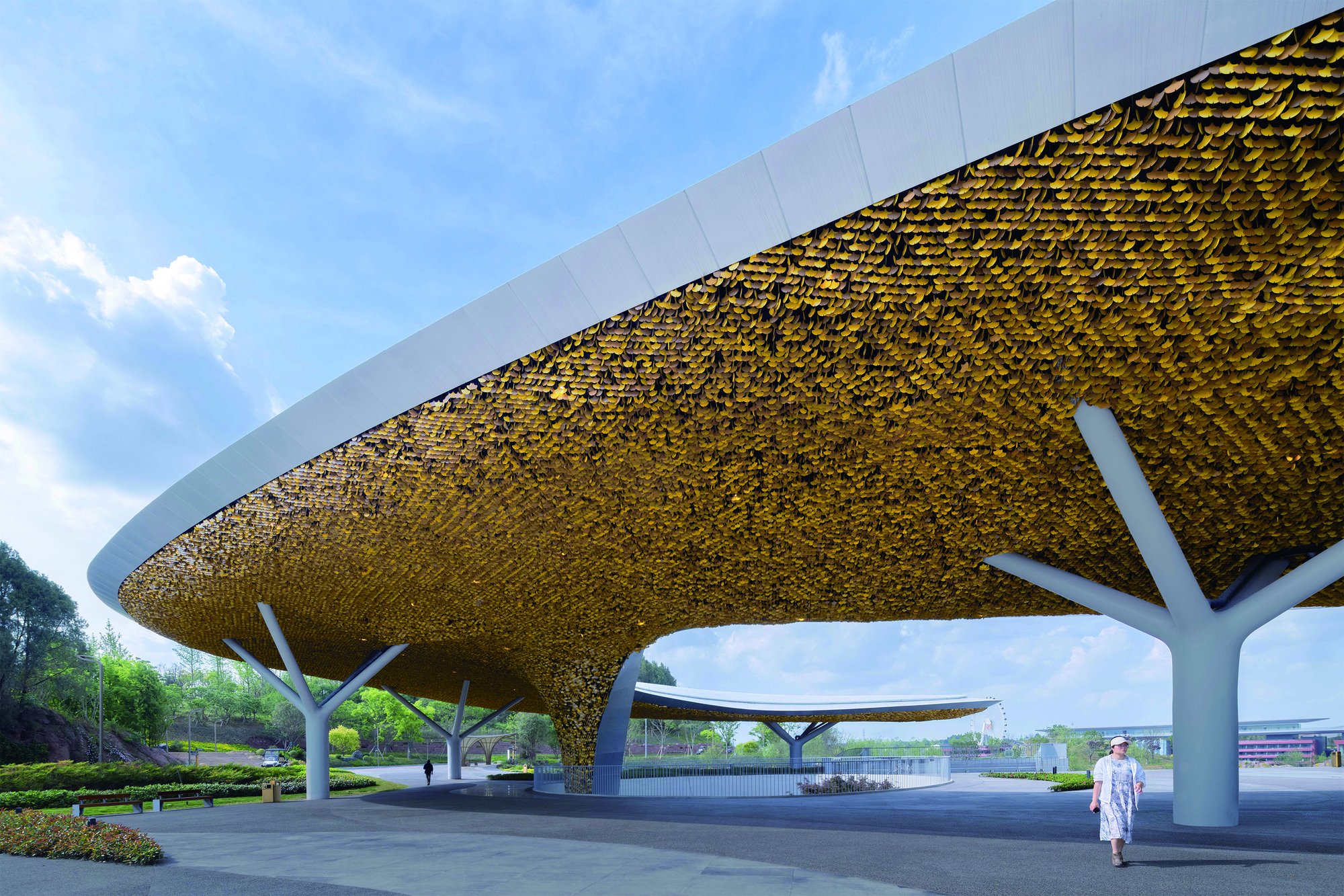 Underside view of the golden textured canopy supported by branching white columns
