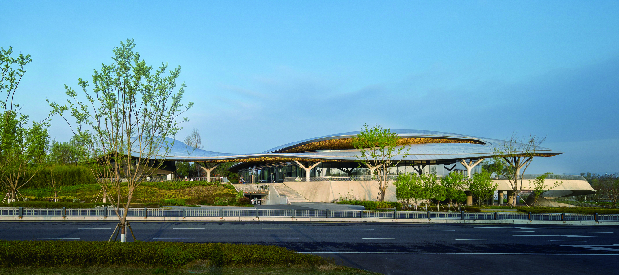 Street elevation showing the branching tree columns supporting the canopy roof with planted landscape