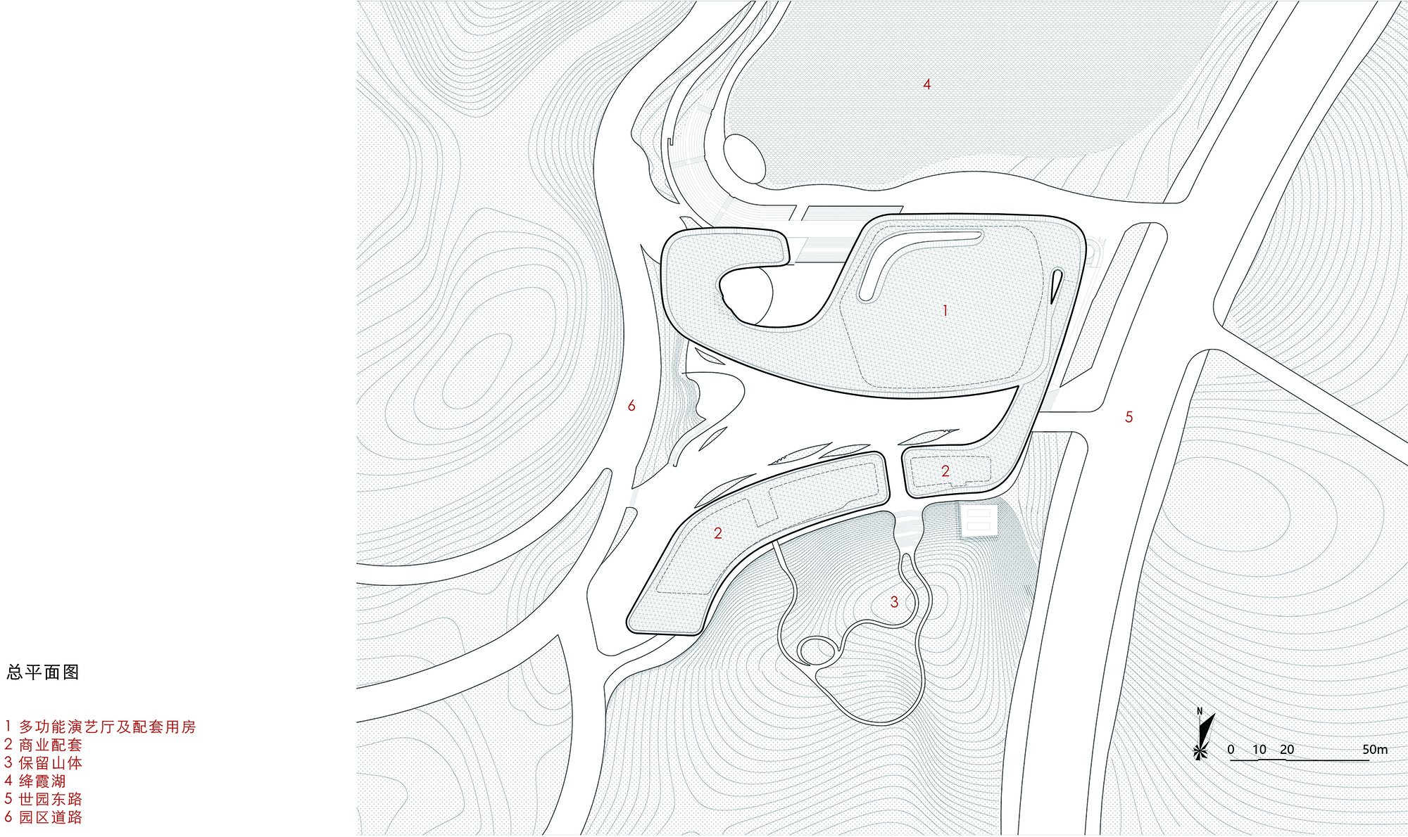 Site plan drawing showing the curving building footprints nestled into the surrounding topography